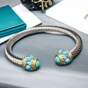 Luxury Silver Stainless Gold Twisted Cable Turquoise Cabochon Bangle Bracelet